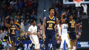 HARTFORD, CONNECTICUT - MARCH 21: Ja Morant #12 of the Murray State Racers celebrates scoring at the end of the first half during the first round game of the 2019 NCAA Men's Basketball Tournament against the Marquette Golden Eagles at XL Center on March 21, 2019 in Hartford, Connecticut. (Photo by Maddie Meyer/Getty Images)