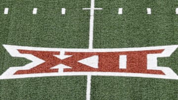 Big 12 logo is seen on the turf during the Texas Spring Game. Getty Images.