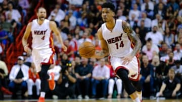 Oct 28, 2015; Miami, FL, USA; Miami Heat guard Gerald Green (14) dribbles the ball against the Charlotte Hornets during the second half at American Airlines Arena. The Heat won 104-94. Mandatory Credit: Steve Mitchell-USA TODAY Sports