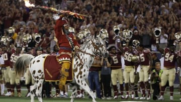 Sep 5, 2016; Orlando, FL, USA; Seminole leader Osceola, and his Appaloosa horse, Renegade, prior to the game against the Mississippi Rebels at Camping World Stadium. Mandatory Credit: Kim Klement-USA TODAY Sports