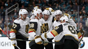SAN JOSE, CALIFORNIA - OCTOBER 04: Jonathan Marchessault #81 of the Vegas Golden Knights is congratulated by teammates after he scored a goal against the San Jose Sharks in the first period at SAP Center on October 04, 2019 in San Jose, California. (Photo by Ezra Shaw/Getty Images)