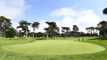SAN FRANCISCO, CA - SEPTEMBER 16: A group plays a hole during the 2019 Stephen Curry Charity Classic presented by Workday at TPC Harding Park on September 16, 2019 in San Francisco, California. (Photo by Noah Graham/Getty Images for PGA of America)