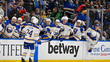 Jan 24, 2023; St. Louis, Missouri, USA; Buffalo Sabres center Dylan Cozens (24) is congratulated by teammates after scoring an empty net goal against the St. Louis Blues during the third period at Enterprise Center. Mandatory Credit: Jeff Curry-USA TODAY Sports
