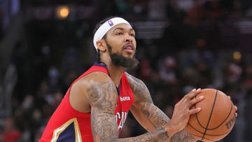 Brandon Ingram #14 of the New Orleans Pelicans readies to shoot a three point shot against the Chicago Bulls (Photo by Jonathan Daniel/Getty Images)