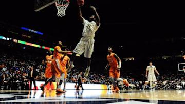 Mar 10, 2016; Nashville, TN, USA; Vanderbilt Commodores center Damian Jones (30) shoots during game 3 of the SEC tournament against Tennessee Volunteers at Bridgestone Arena. Mandatory Credit: Joshua Lindsey-USA TODAY Sports