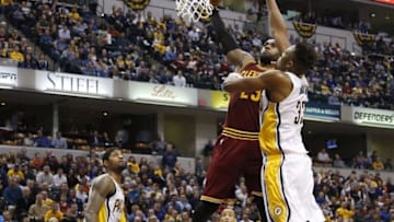 Feb 1, 2016; Indianapolis, IN, USA; Cleveland Cavaliers forward LeBron James (23) shoots the ball in front of Indiana Pacers center Myles Turner (33) at Bankers Life Fieldhouse. The Cavaliers won 111-106 in overtime. Mandatory Credit: Brian Spurlock-USA TODAY Sports