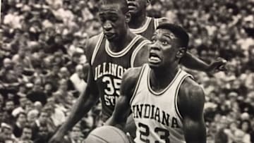 Keith Smart gets ready to score on the fast break as Illinois State's Derrick Sanders tried to catch the IU guard, Dec. 1986.Img 1914