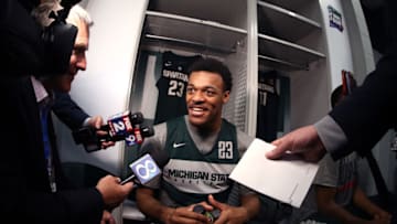 MINNEAPOLIS, MINNESOTA - APRIL 04: Xavier Tillman #23 of the Michigan State Spartans speaks to the media in the locker room prior to the 2019 NCAA Tournament Final Four at U.S. Bank Stadium on April 4, 2019 in Minneapolis, Minnesota. (Photo by Mike Lawrie/Getty Images)