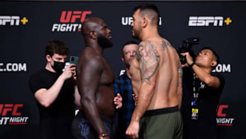 LAS VEGAS, NEVADA - JUNE 04: (L-R) Opponents Jairzinho Rozenstruik of Suriname and Augusto Sakai of Brazil face off during the UFC Fight Night weigh-in at UFC APEX on June 04, 2021 in Las Vegas, Nevada. (Photo by Jeff Bottari/Zuffa LLC via Getty Images)