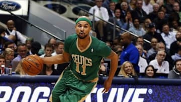 Mar 17, 2014; Dallas, TX, USA; Boston Celtics guard Jerryd Bayless (11) dribbles during the game against the Dallas Mavericks at American Airlines Center. Dallas won 94-89. Mandatory Credit: Kevin Jairaj-USA TODAY Sports