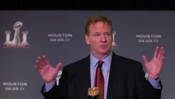 Feb 8, 2016; San Francisco, CA, USA; NFL commissioner Roger Goodell during a "Handoff to Houston" press conference at the Super Bowl Media Center at Moscone Center-West. Mandatory Credit: Kelley L Cox-USA TODAY Sports