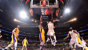 LOS ANGELES, CA - JANUARY 19: Lance Stephenson #1 of the Indiana Pacers goes to the basket against the Los Angeles Lakers on January 19, 2018 at STAPLES Center in Los Angeles, California. NOTE TO USER: User expressly acknowledges and agrees that, by downloading and/or using this Photograph, user is consenting to the terms and conditions of the Getty Images License Agreement. Mandatory Copyright Notice: Copyright 2018 NBAE (Photo by Andrew D. Bernstein/NBAE via Getty Images)
