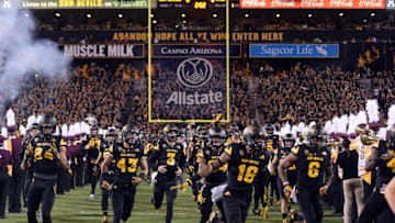 Nov 10, 2016; Tempe, AZ, USA; Arizona State Sun Devils players take the field against the Utah Utes before the first half at Sun Devil Stadium. Mandatory Credit: Joe Camporeale-USA TODAY Sports