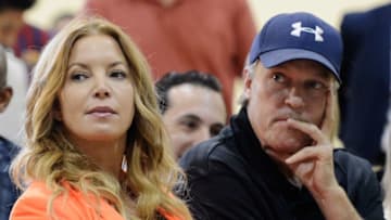 EL SEGUNDO, CA - AUGUST 10: Jim Buss and his sister Jeanie Buss of the Los Angeles Lakers attend a news conference where Dwight Howard was introduced as the newest member of the team at the Toyota Sports Center on August 10, 2012 in El Segundo, California. The Lakers acquired Howard from Orlando Magic in a four-team trade. In addition Lakers will receive Chris Duhon and Earl Clark from the Magic. (Photo by Kevork Djansezian/Getty Images)