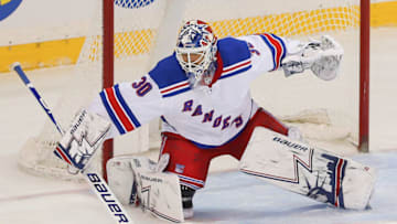 NEW YORK, NY - FEBRUARY 08: New York Rangers Goalie Henrik Lundqvist (30) makes a save during the first period of the National Hockey League game between the Carolina Hurricanes and the New York Rangers on February 8, 2019 at Madison Square Garden in New York, NY. (Photo by Joshua Sarner/Icon Sportswire via Getty Images)