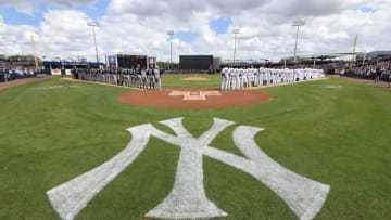 TAMPA, FL - FEBRUARY 23: A general view of George M. Steinbrenner Field as players and coaches from the Detroit Tigers and the New York Yankees line-up during the National Anthem prior to the Spring Training game at George M. Steinbrenner Field on February 23, 2018 in Tampa, Florida. The Yankees defeated the Tigers 3-1. (Photo by Mark Cunningham/MLB Photos via Getty Images)