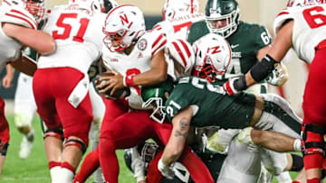 Michigan State's Chase Kline, right, tackles Nebraska's Adrian Martinez during the third quarter on Saturday, Sept. 25, 2021, at Spartan Stadium in East Lansing.210925 Msu Nebraska 198a