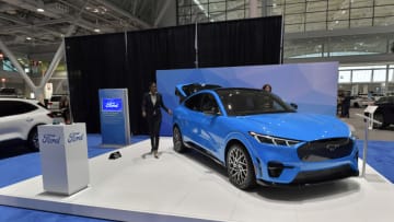 BOSTON, MA - JANUARY 16: An electric Ford Mustang Mach-E is seen at the 2020 New England Auto Show Press Preview at Boston Convention & Exhibition Center on January 16, 2020 in Boston, Massachusetts. (Photo by Paul Marotta/Getty Images)