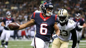 Chandler Worthy #6 of the Houston Texans scores a touchdown against the New Orleans Saints at the Mercedes-Benz Superdome. (Photo by Chris Graythen/Getty Images)