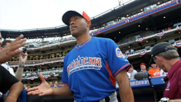 Jul 15, 2013; Flushing , NY, USA; American League pitcher Mariano Rivera (42) of the New York Yankees comes out to the field during the American League workout day for the 2013 All Star Game at Citi Field. Mandatory Credit: John Munson/THE STAR-LEDGER via USA TODAY Sports