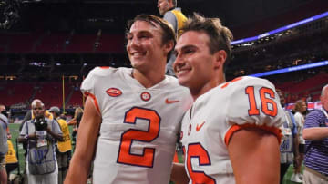Clemson quarterback Cade Klubnik (2) poses with wide receiver Will Taylor (16) after the game at the Mercedes-Benz Stadium in Atlanta, Georgia Monday, September 5, 2022. Klubnik threw his first college touchdown pass to Taylor.Ncaa Fb Clemson At Georgia Tech