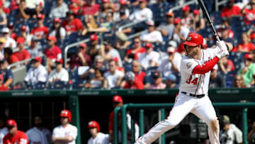 WASHINGTON, DC - JULY 22: Bryce Harper #34 of the Washington Nationals bats Atlanta Braves at Nationals Park on July 22, 2018 in Washington, DC. (Photo by Rob Carr/Getty Images)