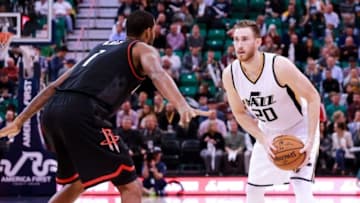 Nov 29, 2016; Salt Lake City, UT, USA; Utah Jazz forward Gordon Hayward (20) controls the ball while being guarded by Houston Rockets forward Trevor Ariza (1) during the third quarter at Vivint Smart Home Arena. Utah Jazz win 120-101. Mandatory Credit: Chris Nicoll-USA TODAY Sports