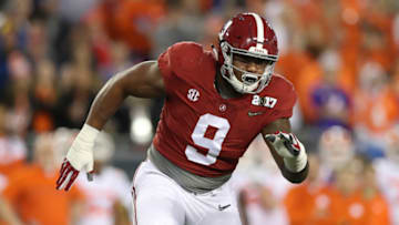 TAMPA, FL - JANUARY 09: Alabama Crimson Tide defensive lineman Da'Shawn Hand (9) in action during the 2017 College Football National Championship Game between the Clemson Tigers and Alabama Crimson Tide on January 9, 2017, at Raymond James Stadium in Tampa, FL. Clemson defeated Alabama 35-31. (Photo by Mark LoMoglio/Icon Sportswire via Getty Images)