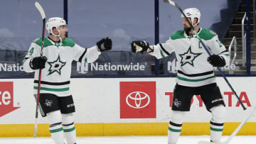 Feb 2, 2021; Columbus, Ohio, USA; Dallas Stars left wing Jamie Benn (14) celebrates a goal against the Columbus Blue Jackets during the second period at Nationwide Arena. Mandatory Credit: Russell LaBounty-USA TODAY Sports
