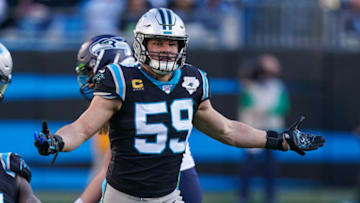 Auburn footballDec 15, 2019; Charlotte, NC, USA; Carolina Panthers middle linebacker Luke Kuechly (59) looks back to the ref after a play against the Seattle Seahawks during the second half at Bank of America Stadium. Mandatory Credit: Jim Dedmon-USA TODAY Sports