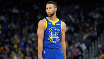 SAN FRANCISCO, CALIFORNIA - OCTOBER 30: Stephen Curry #30 of the Golden State Warriors looks on against the Oklahoma City Thunder in the second quarter at Chase Center on October 30, 2021 in San Francisco, California. NOTE TO USER: User expressly acknowledges and agrees that, by downloading and or using this photograph, User is consenting to the terms and conditions of the Getty Images License Agreement. (Photo by Thearon W. Henderson/Getty Images)
