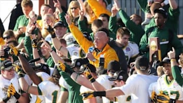 Jan 5, 2013; Frisco, TX, USA; North Dakota State Bison head coach Craig Bohl address the crowd after his team beat Sam Houston State Bearkats in the FCS Championship football game at FC Dallas Stadium. North Dakota State Bison beat Sam Houston State Bearkats 39-13. Mandatory Credit: Tim Heitman-USA TODAY Sports