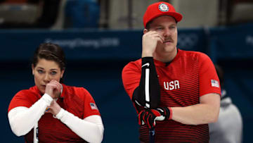 PYEONGCHANG-GUN, SOUTH KOREA - FEBRUARY 08: Becca Hamilton and Matt Hamilton of the United States look on against Olympic Athletes from Russia in the Curling Mixed Doubles Round Robin Session 1 during the PyeongChang 2018 Winter Olympic Games at Gangneung Curling Centre on February 8, 2018 in Pyeongchang-gun, South Korea. (Photo by Ronald Martinez/Getty Images)
