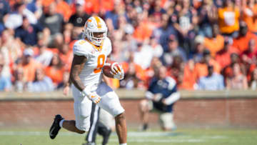AUBURN, AL - OCTOBER 13: Running back Tim Jordan #9 of the Tennessee Volunteers runs the ball downfield during their game against the Auburn Tigers at Jordan-Hare Stadium on October 13, 2018 in Auburn, Alabama. (Photo by Michael Chang/Getty Images)