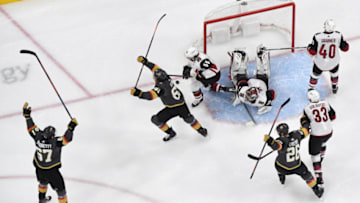 Max Pacioretty #67, Mark Stone #61 and Paul Stastny #26 of the Vegas Golden Knights react after Stone scored a first-period power-play goal. (Photo by Ethan Miller/Getty Images)