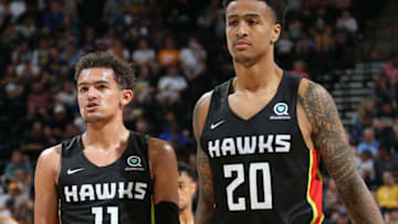 Trae Young #11 and John Collins #20 of the Atlanta Hawks (Photo by Melissa Majchrzak/NBAE via Getty Images)