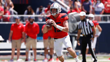 TUCSON, ARIZONA - APRIL 24: Quarterback Will Plummer #15 of the Arizona Wildcats (Team Blue) in action during the Arizona Spring game at Arizona Stadium on April 24, 2021 in Tucson, Arizona. (Photo by Christian Petersen/Getty Images)