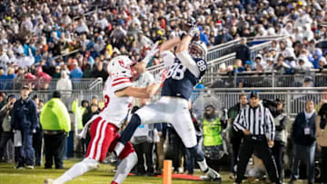 UNIVERSITY PARK, PA - NOVEMBER 18: Mike Gesicki #88 of the Penn State Nittany Lions makes a leaping touchdown reception above the hands of Chris Weber #49 of the Nebraska Cornhuskers during the second quarter on November 18, 2017 at Beaver Stadium in University Park, Pennsylvania. (Photo by Brett Carlsen/Getty Images)