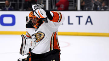 LOS ANGELES, CALIFORNIA - FEBRUARY 01: Ryan Miller #30 of the Anaheim Ducks reacts to a shot during the second period against the Los Angeles Kings at Staples Center on February 01, 2020 in Los Angeles, California. (Photo by Harry How/Getty Images)