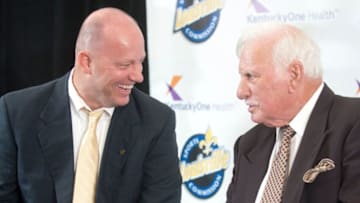 Purdue head football coach (and former UofL quarterback) Jeff Brohm chats with former UofL head football coach Howard Schnellenberger in the VIP room of the Louisville Sports Commission's 2019 Paul Hornung Award Banquet at the Galt House Hotel on Thursday, March 7, 2019.0307hornungawdsbqut008 Drl