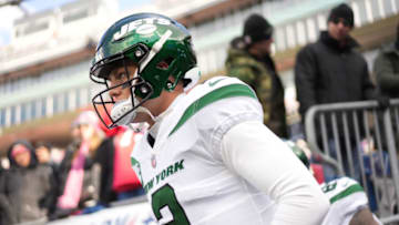 Nov 20, 2022; Foxborough, Massachusetts, USA; New York Jets quarterback Zach Wilson (2) runs onto the field for warm up before the game against the New England Patriots at Gillette Stadium. Mandatory Credit: David Butler II-USA TODAY Sports