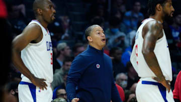 Ty Lue, Paul George, Serge Ibaka, LA Clippers. Mandatory Credit: Robert Hanashiro-USA TODAY Sports