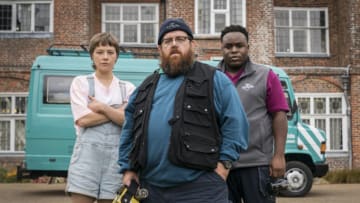 Emma D'Arcy (Astrid), Nick Frost (Gus), Samson Kayo (Elton) in Truth Seekers. Credit: Colin Hutton/Amazon Studios