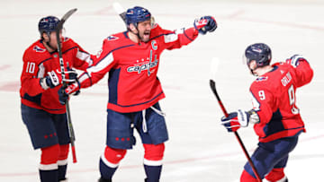 Ale Ovechkin, Dmitry Orlov, Daniel Sprong, Washington Capitals Mandatory Credit: Geoff Burke-USA TODAY Sports
