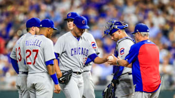 KANSAS CITY, MO - AUGUST 8: Jose Quintana #62 of the Chicago Cubs is taken out of the game by manager Joe Maddon #70 during the seventh inning against the Kansas City Royals at Kauffman Stadium on August 8, 2018 in Kansas City, Missouri. (Photo by Brian Davidson/Getty Images)