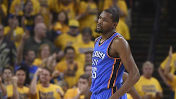 May 30, 2016; Oakland, CA, USA; Oklahoma City Thunder forward Kevin Durant (35) reacts during the second quarter in game seven of the Western conference finals of the NBA Playoffs against the Golden State Warriors at Oracle Arena. Mandatory Credit: Kyle Terada-USA TODAY Sports