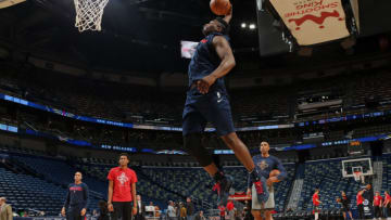 NEW ORLEANS, LA - JANUARY 8: Zion Williamson #1 of the New Orleans Pelicans warms up prior to a game against the Chicago Bulls on January 8, 2020 at the Smoothie King Center in New Orleans, Louisiana. NOTE TO USER: User expressly acknowledges and agrees that, by downloading and or using this Photograph, user is consenting to the terms and conditions of the Getty Images License Agreement. Mandatory Copyright Notice: Copyright 2020 NBAE (Photo by Layne Murdoch Jr./NBAE via Getty Images)