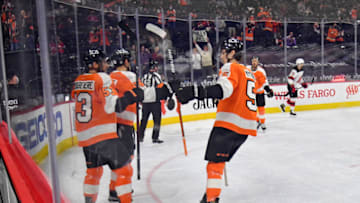 May 10, 2021; Philadelphia, Pennsylvania, USA; Philadelphia Flyers left wing Joel Farabee (86) celebrates his goal with against the New Jersey Devils during the first period at Wells Fargo Center. Mandatory Credit: Eric Hartline-USA TODAY Sports