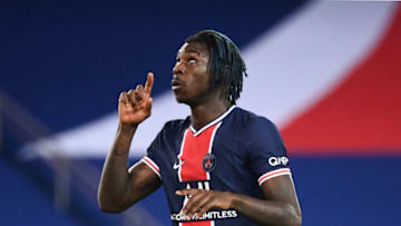 Paris Saint-Germain's Italian forward Moise Kean celebrates after scoring a goal during the French L1 football match between Paris Saint-Germain (PSG) and Girondins de Bordeaux (FCGB) at the Parc de Princes stadium in Paris on November 28, 2020. (Photo by FRANCK FIFE / AFP) (Photo by FRANCK FIFE/AFP via Getty Images)