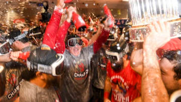HOUSTON, TEXAS - OCTOBER 31: Washington Nationals general manager Mike Rizzo and the Washington Nationals celebrate beating the Houston Astros 6-2 in Game 7 of the World Series at Minute Maid Park on Wednesday, October 30, 2019. (Photo by Jonathan Newton/The Washington Post via Getty Images)